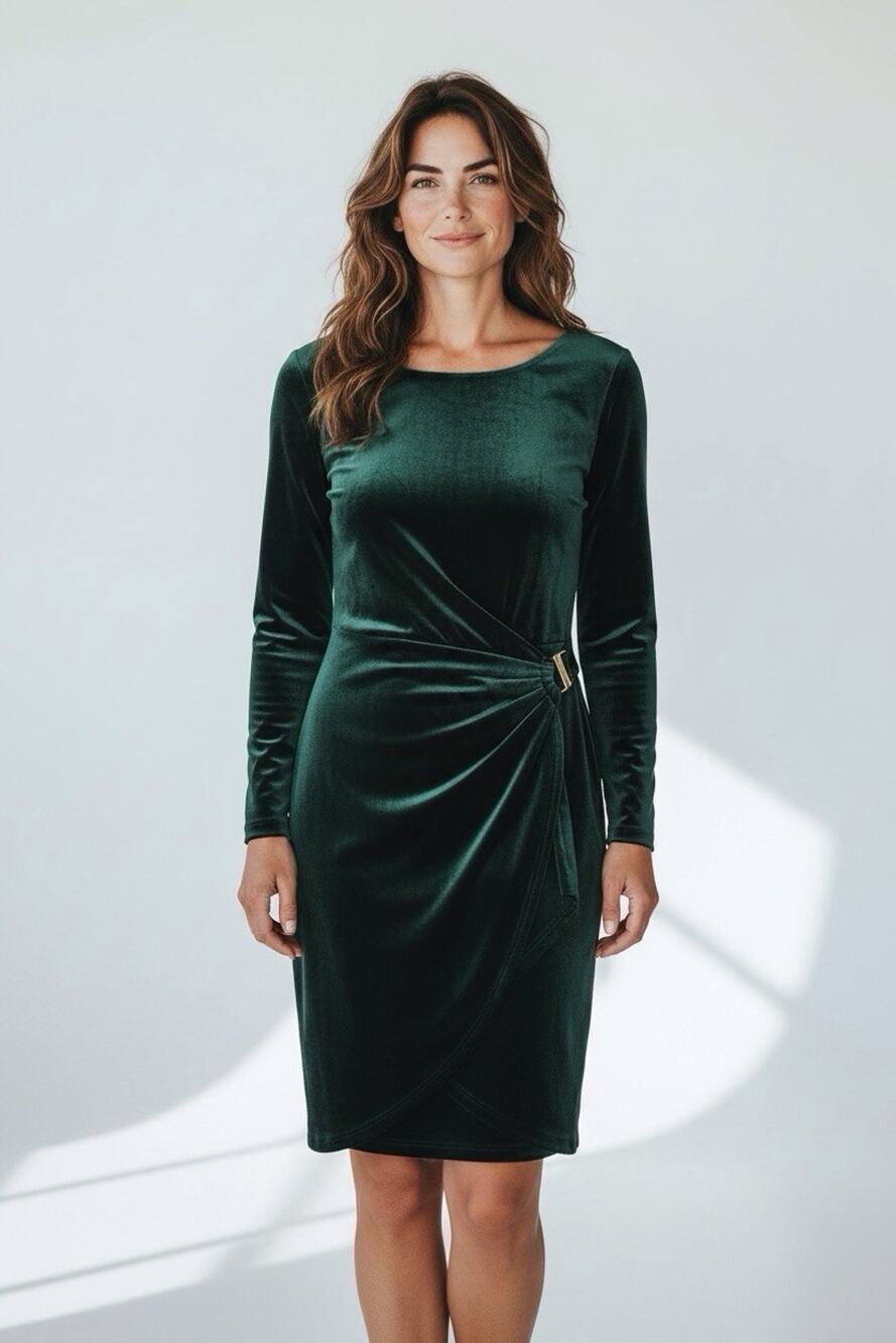 DKNY Womens Green Velvet Draped Long Sleeve Boat Neck Sheath Dress Size 12